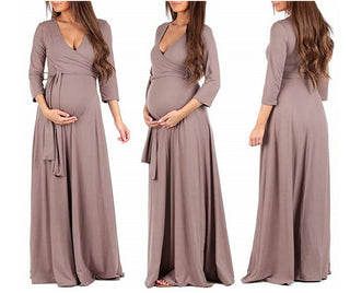 Deep V Neck Long Sleeve Maternity Dress