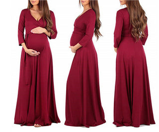 Deep V Neck Long Sleeve Maternity Dress