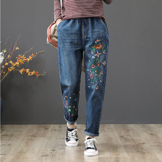 Embroidered Elastic Waist Jeans