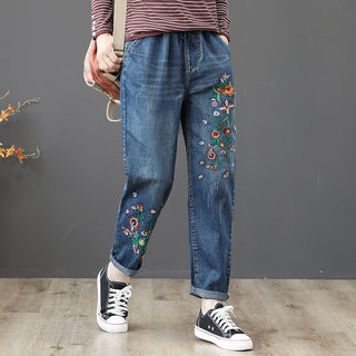 Embroidered Elastic Waist Jeans