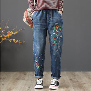 Embroidered Elastic Waist Jeans