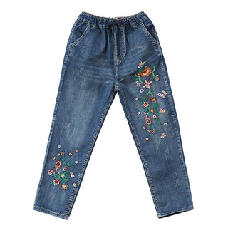 Embroidered Elastic Waist Jeans