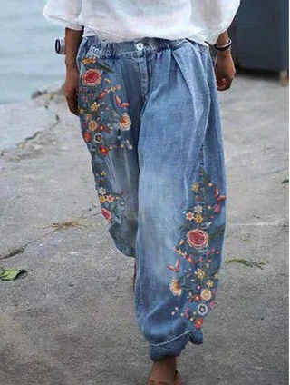 Embroidered Elastic Waist Jeans