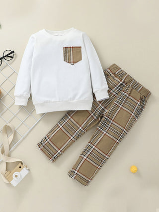 Boys Plaid Patched Sweat Set