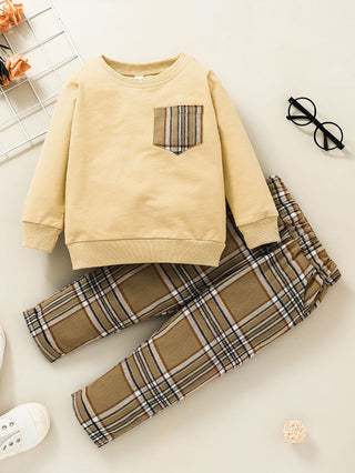 Boys Plaid Patched Sweat Set