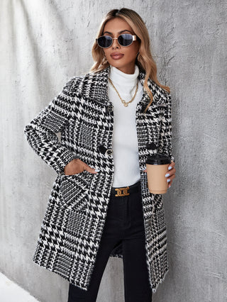 Houndstooth Print Pocket Patched Tweed Overcoat