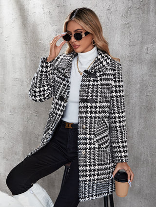 Houndstooth Print Pocket Patched Tweed Overcoat