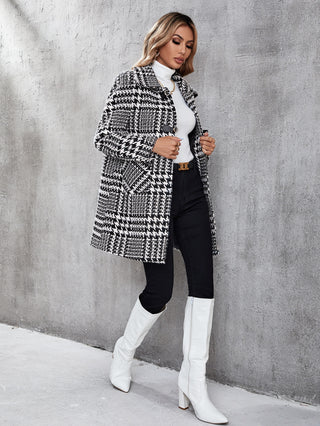 Houndstooth Print Pocket Patched Tweed Overcoat