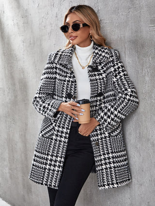 Houndstooth Print Pocket Patched Tweed Overcoat