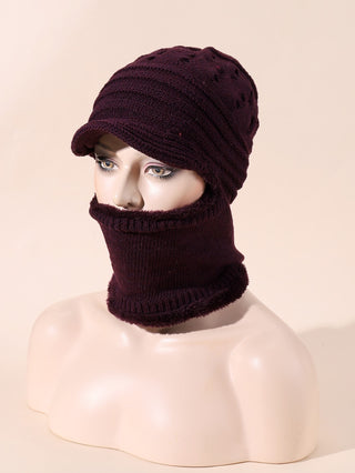 Solid Knitted Hat With Neck Gaiter