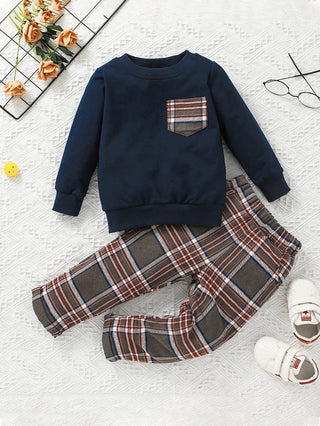 Boys Plaid Patched Sweat Set