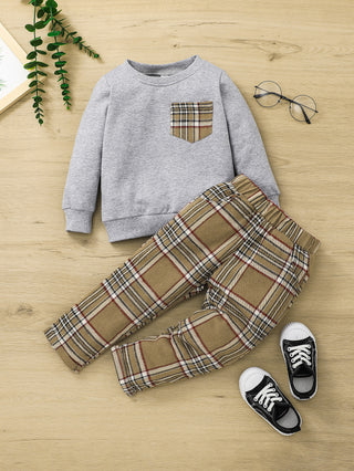 Boys Plaid Patched Sweat Set