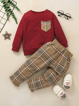 Boys Plaid Patched Sweat Set