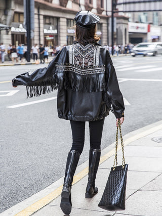 Embroidered rivet biker jacket