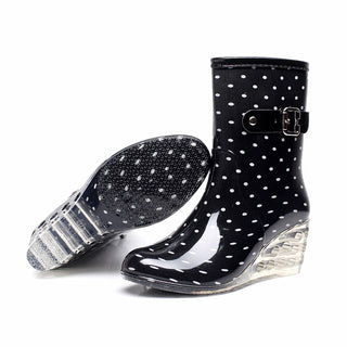 Women's Wedge Heel Rain Boots Buckle Side Zipper High Heel Transparent Mid-tube Rain Boots