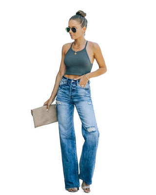 Mid-waist Women's Ripped Denim Trousers