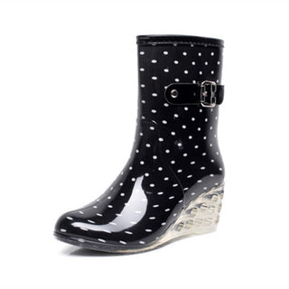 Women's Wedge Heel Rain Boots Buckle Side Zipper High Heel Transparent Mid-tube Rain Boots