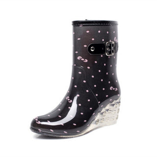 Women's Wedge Heel Rain Boots Buckle Side Zipper High Heel Transparent Mid-tube Rain Boots